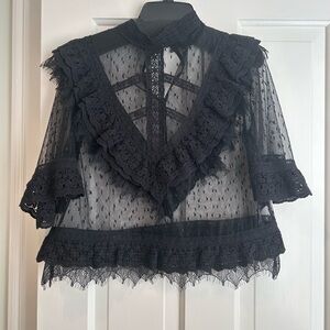 THE KOOPLES black lace high neck top with 3/4” sleeves.